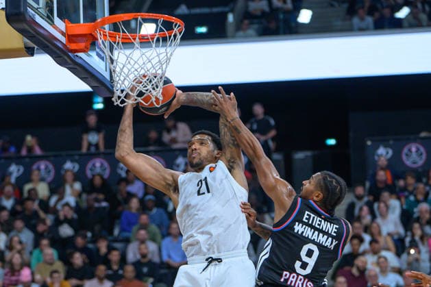 EuroLeague 2026, Paris Basketball vs LDLC ASVEL Villeurbanne, Basketball JOEL BOLOMBOY of ASVEL and Tyson Etienne of Paris Basket during the EuroLeague 2026 match between Paris Basketball and LDLC ASVEL Villeurbanne at Adidas Arena on October 07, 2026 in Paris, France. Paris Adidas Arena France