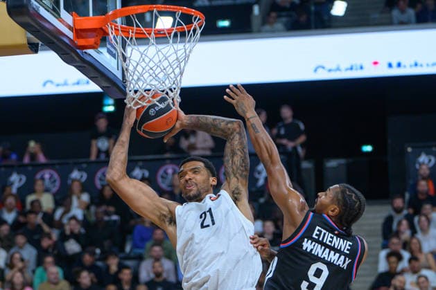 EuroLeague 2026, Paris Basketball vs LDLC ASVEL Villeurbanne, Basketball JOEL BOLOMBOY of ASVEL and Tyson Etienne of Paris Basket during the EuroLeague 2026 match between Paris Basketball and LDLC ASVEL Villeurbanne at Adidas Arena on October 07, 2026 in Paris, France. Paris Adidas Arena France