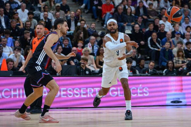 EuroLeague 2026, Paris Basketball vs LDLC ASVEL Villeurbanne, Basketball Sebastian Herrera of Paris Basket and PATTY MILLS of ASVEL during the EuroLeague 2026 match between Paris Basketball and LDLC ASVEL Villeurbanne at Adidas Arena on October 07, 2026 in Paris, France. Paris Adidas Arena France