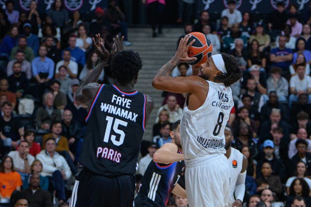 EuroLeague 2026, Paris Basketball vs LDLC ASVEL Villeurbanne, Basketball Mouhamed Faye of Paris Basket and PATTY MILLS of ASVEL during the EuroLeague 2026 match between Paris Basketball and LDLC ASVEL Villeurbanne at Adidas Arena on October 07, 2026 in Paris, France. Paris Adidas Arena France