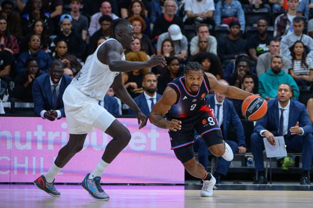 EuroLeague 2026, Paris Basketball vs LDLC ASVEL Villeurbanne, Basketball BOTH GACH of ASVEL and Tyson Etienne of Paris Basket during the EuroLeague 2026 match between Paris Basketball and LDLC ASVEL Villeurbanne at Adidas Arena on October 07, 2026 in Paris, France. Paris Adidas Arena France