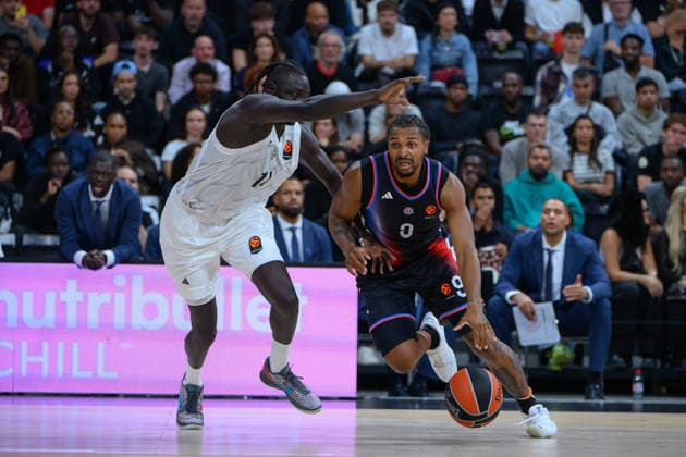 EuroLeague 2026, Paris Basketball vs LDLC ASVEL Villeurbanne, Basketball BOTH GACH of ASVEL and Tyson Etienne of Paris Basket during the EuroLeague 2026 match between Paris Basketball and LDLC ASVEL Villeurbanne at Adidas Arena on October 07, 2026 in Paris, France. Paris Adidas Arena France