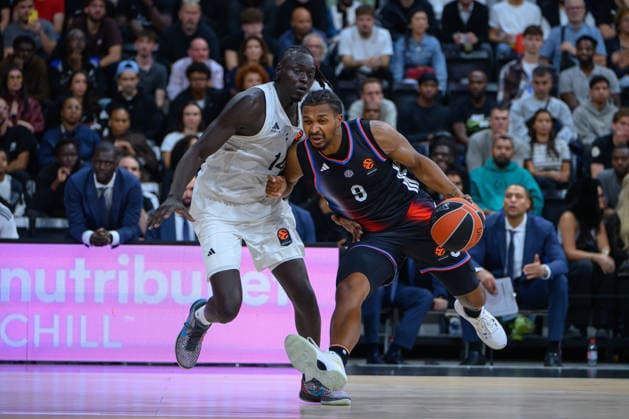 EuroLeague 2026, Paris Basketball vs LDLC ASVEL Villeurbanne, Basketball BOTH GACH of ASVEL and Tyson Etienne of Paris Basket during the EuroLeague 2026 match between Paris Basketball and LDLC ASVEL Villeurbanne at Adidas Arena on October 07, 2026 in Paris, France. Paris Adidas Arena France