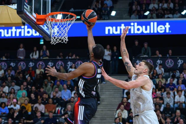 EuroLeague 2026, Paris Basketball vs LDLC ASVEL Villeurbanne, Basketball TJ Warren of Paris Basket and NATHAN SESTINA of ASVEL during the EuroLeague 2026 match between Paris Basketball and LDLC ASVEL Villeurbanne at Adidas Arena on October 07, 2026 in Paris, France. Paris Adidas Arena France