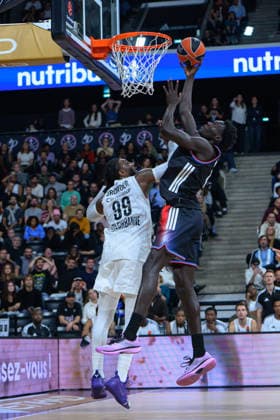 EuroLeague 2026, Paris Basketball vs LDLC ASVEL Villeurbanne, Basketball JAE CROWDER OF ASVEL and Mouhamed Faye of Paris Basket during the EuroLeague 2026 match between Paris Basketball and LDLC ASVEL Villeurbanne at Adidas Arena on October 07, 2026 in Paris, France. Paris Adidas Arena France
