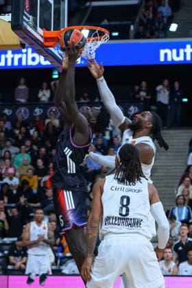 EuroLeague 2026, Paris Basketball vs LDLC ASVEL Villeurbanne, Basketball JAE CROWDER OF ASVEL and Mouhamed Faye of Paris Basket during the EuroLeague 2026 match between Paris Basketball and LDLC ASVEL Villeurbanne at Adidas Arena on October 07, 2026 in Paris, France. Paris Adidas Arena France