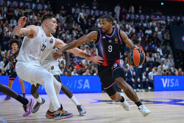 EuroLeague 2026, Paris Basketball vs LDLC ASVEL Villeurbanne, Basketball NATHAN SESTINA of ASVEL and Tyson Etienne of Paris Basket during the EuroLeague 2026 match between Paris Basketball and LDLC ASVEL Villeurbanne at Adidas Arena on October 07, 2026 in Paris, France. Paris Adidas Arena France