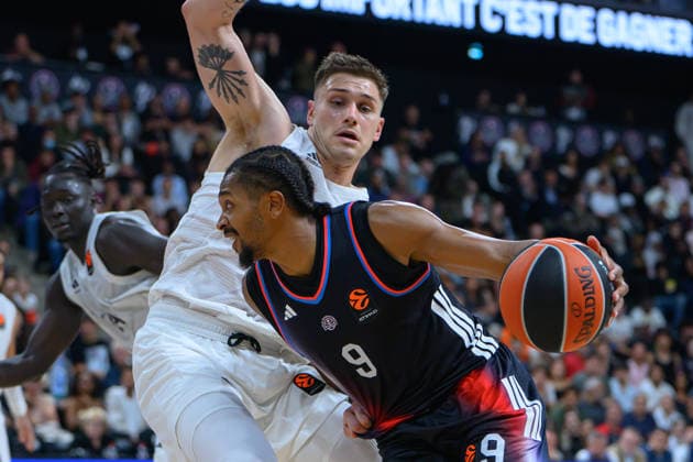 EuroLeague 2026, Paris Basketball vs LDLC ASVEL Villeurbanne, Basketball NATHAN SESTINA of ASVEL and Tyson Etienne of Paris Basket during the EuroLeague 2026 match between Paris Basketball and LDLC ASVEL Villeurbanne at Adidas Arena on October 07, 2026 in Paris, France. Paris Adidas Arena France