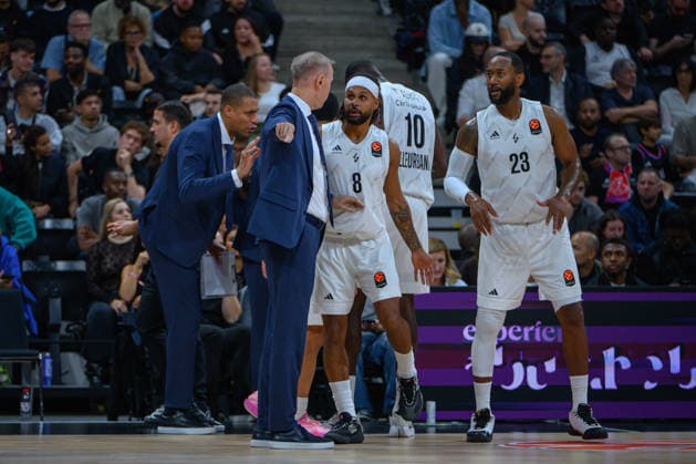 EuroLeague 2026, Paris Basketball vs LDLC ASVEL Villeurbanne, Basketball ASVEL Assistant Coach VINCENT COLLET talks with PATTY MILLS of ASVEL during the EuroLeague 2026 match between Paris Basketball and LDLC ASVEL Villeurbanne at Adidas Arena on October 07, 2026 in Paris, France. Paris Adidas Arena France
