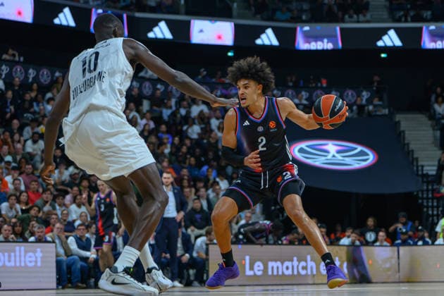 EuroLeague 2026, Paris Basketball vs LDLC ASVEL Villeurbanne, Basketball BODIAN MASSA of ASVEL and Nadir Hifi of Paris Basket during the EuroLeague 2026 match between Paris Basketball and LDLC ASVEL Villeurbanne at Adidas Arena on October 07, 2026 in Paris, France. Paris Adidas Arena France