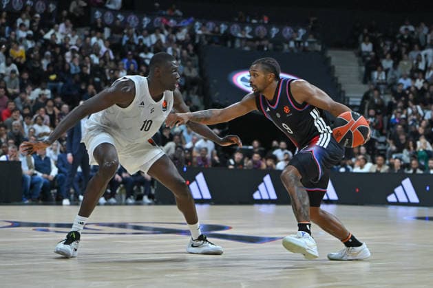 EuroLeague 2026, Paris Basketball vs LDLC ASVEL Villeurbanne, Basketball BODIAN MASSA of ASVEL and Tyson Etienne of Paris Basket during the EuroLeague 2026 match between Paris Basketball and LDLC ASVEL Villeurbanne at Adidas Arena on October 07, 2026 in Paris, France. Paris Adidas Arena France