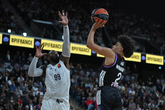 EuroLeague 2026, Paris Basketball vs LDLC ASVEL Villeurbanne, Basketball JAE CROWDER OF ASVEL and Nadir Hifi of Paris Basket during the EuroLeague 2026 match between Paris Basketball and LDLC ASVEL Villeurbanne at Adidas Arena on October 07, 2026 in Paris, France. Paris Adidas Arena France