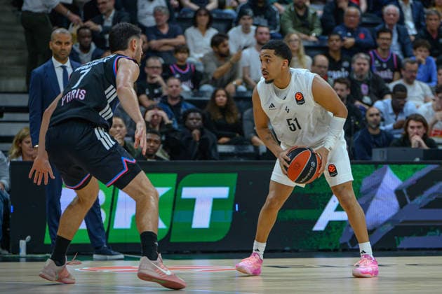 EuroLeague 2026, Paris Basketball vs LDLC ASVEL Villeurbanne, Basketball Sebastian Herrera of Paris Basket and TREMONT WATERS OF ASVEL during the EuroLeague 2026 match between Paris Basketball and LDLC ASVEL Villeurbanne at Adidas Arena on October 07, 2026 in Paris, France. Paris Adidas Arena France