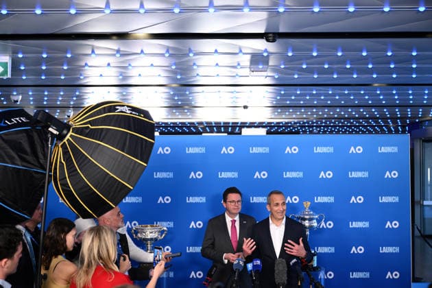 TENNIS AUSTRALIAN OPEN LAUNCH, Victorian Minister for Major Events Anthony Carbines (left) and Tennis Australia CEO Andrew Abdo speak during the launch of the 2027 Australian Open tennis tournament, in Melbourne, Thursday, October 8, 2026. ( NO ARCHIVING MELBOURNE VICTORIA Australia  Copyright: xJOELxCARRETTx 20261008129657194901