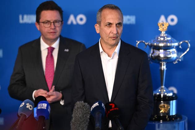 TENNIS AUSTRALIAN OPEN LAUNCH, Victorian Minister for Major Events Anthony Carbines (left) and Tennis Australia CEO Andrew Abdo speak during the launch of the 2027 Australian Open tennis tournament, in Melbourne, Thursday, October 8, 2026. ( NO ARCHIVING MELBOURNE VICTORIA Australia  Copyright: xJOELxCARRETTx 20261008167102104304