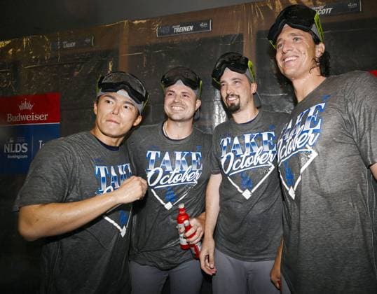 Baseball: Division Series between Dodgers and Braves (From L) Los Angeles Dodgers pitchers Yoshinobu Yamamoto, Tarik Skubal, Blake Snell and Tyler Glasnow pose for a photo during a celebration after the Dodgers beat the Atlanta Braves in Game 4 of the National League Division Series at Truist Park in Atlanta on Oct. 7, 2026, advancing to the National League Championship Series.  A14AA0005630439P