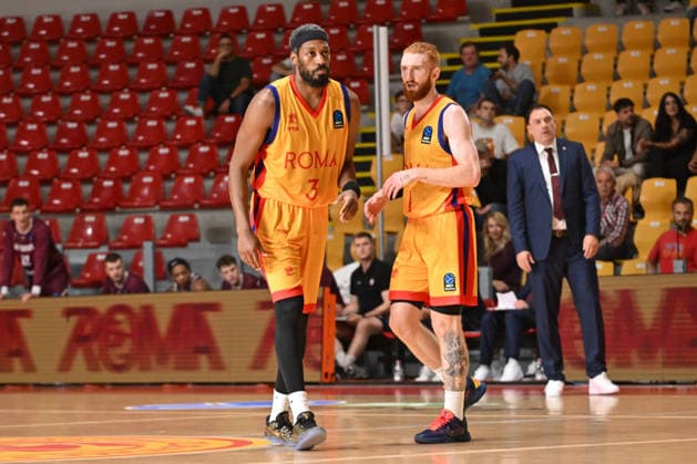 IPA89424773 - Paul Watson of BC Roma (L) and Niccolo Mannion of BC Roma during the BKT EuroCup Round 2 game between BC Roma and Lietkebalis at the Palazzetto dello on July 7, 2026, in Rome, Italy.  Copyright: xRobertoxBettacchi IPAxSportx xx IPA89424773
