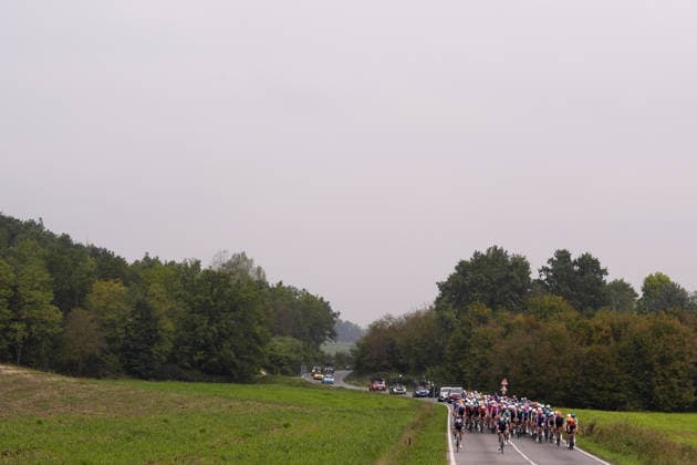 The pack rides during the 110th edition of the Gran Piemonte 2026 a 185 km one day race from Asti to Bra on October 08, 2026, Italy.  Copyright: xFabioxFerrari LaPressex