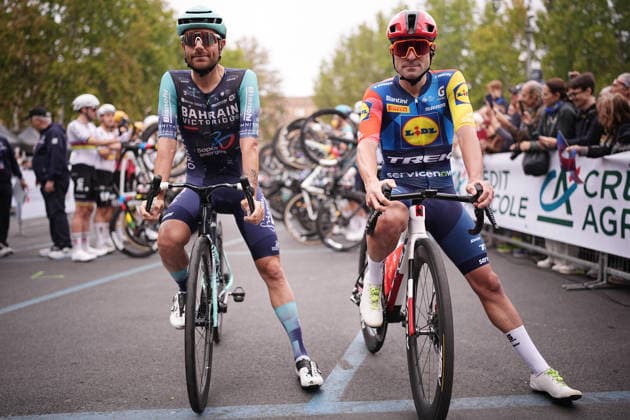 Last race for Italy s Jacopo Mosca of Lidl-Trek and Italy s Damiano Caruso of Bahrain Victorious during the 110th edition of the Gran Piemonte 2026 a 185 km one day race from Asti to Bra on October 08, 2026, Italy.  Copyright: xMarcoxAlpozzi LaPressex