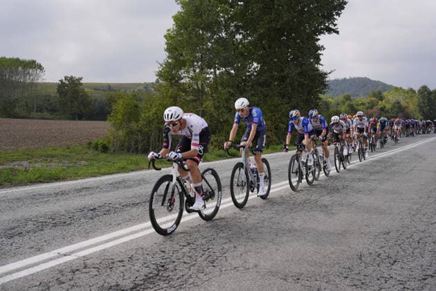 The pack rides during the 110th edition of the Gran Piemonte 2026 a 185 km one day race from Asti to Bra on October 08, 2026, Italy.  Copyright: xFabioxFerrari LaPressex