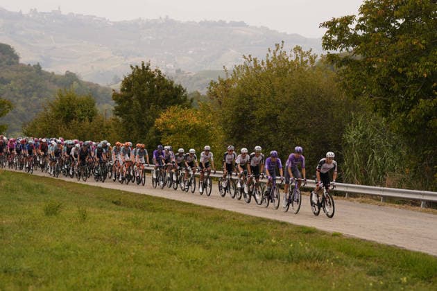 The pack rides during the 110th edition of the Gran Piemonte 2026 a 185 km one day race from Asti to Bra on October 08, 2026, Italy.  Copyright: xFabioxFerrari LaPressex
