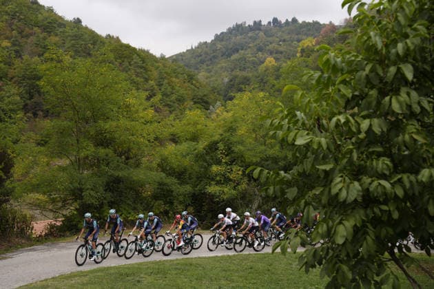 The pack rides during the 110th edition of the Gran Piemonte 2026 a 185 km one day race from Asti to Bra on October 08, 2026, Italy.  Copyright: xFabioxFerrari LaPressex