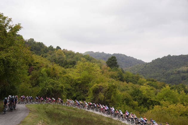 The pack rides during the 110th edition of the Gran Piemonte 2026 a 185 km one day race from Asti to Bra on October 08, 2026, Italy.  Copyright: xFabioxFerrari LaPressex