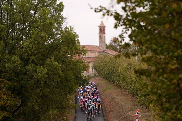 The pack rides during the 110th edition of the Gran Piemonte 2026 a 185 km one day race from Asti to Bra on October 08, 2026, Italy.  Copyright: xFabioxFerrari LaPressex