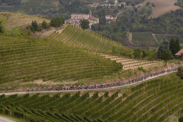 The pack rides during the 110th edition of the Gran Piemonte 2026 a 185 km one day race from Asti to Bra on October 08, 2026, Italy.  Copyright: xFabioxFerrari LaPressex