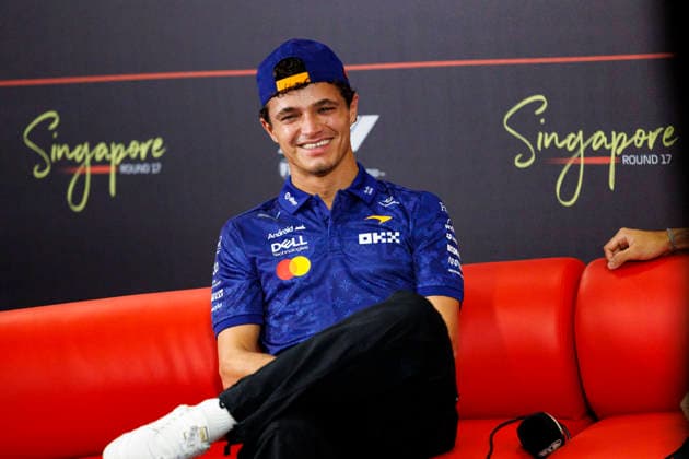 RECORD DATE NOT STATED 8th October 2026; Marina Bay, Singapore; Formula 1, Singapore Grand Prix, Arrival Day; Lando Norris (1) of Great Britain and McLaren Mastercard F1 Team during the press conference, PK, Pressekonferenz at the Singapore Grand Prix StephenxBlackberry