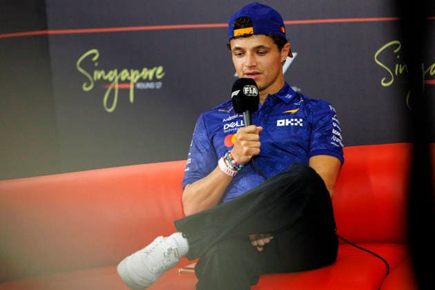 RECORD DATE NOT STATED 8th October 2026; Marina Bay, Singapore; Formula 1, Singapore Grand Prix, Arrival Day; Lando Norris (1) of Great Britain and McLaren Mastercard F1 Team during the press conference, PK, Pressekonferenz at the Singapore Grand Prix StephenxBlackberry