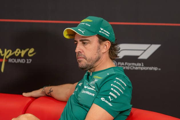 RECORD DATE NOT STATED 8th October 2026; Marina Bay, Singapore; Formula 1, Singapore Grand Prix, Arrival Day; Fernando Alonso (14) of Spain and Aston Martin Aramco Formula One Team at the drivers press conference, PK, Pressekonferenz DavidxAsh