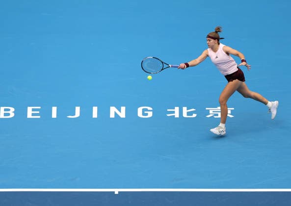 (261008) -- BEIJING, Oct. 8, 2026 -- Karolina Muchova of the Czech Republic hits a return during the women s singles quarterfinal match between Karolina Muchova of the Czech Republic and Nikola Bartunkova of the Czech Republic at 2026 China Open tennis tournament in Beijing, China, Oct. 8, 2026. ) (SP)CHINA-BEIJING-TENNIS-CHINA OPEN-WOMEN S SINGLES (CN) ZhangxChenlin 