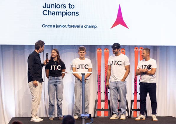 ALPINE SKIING - Atomic Media Day 2026 ALTENMARKT,AUSTRIA,08.OCT.26 - ALPINE SKIING - Atomic Media Day. Image shows presenter Christian Brugger, Katharina Unterdechler, Stefan Lehenauer, Daniel Danklmaier and Juergen Graller (Atomic).  GEPAxpictures xHaraldxSteiner