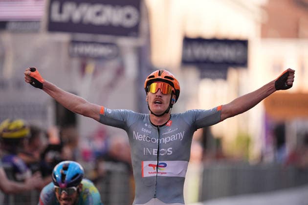 France s Dorian Godon of Netcompany INEOS winner of the race on the finish line during the 110th edition of the Gran Piemonte 2026 a 185 km one day race from Asti to Bra on October 08, 2026, Italy.  Copyright: xMarcoxAlpozzi LaPressex