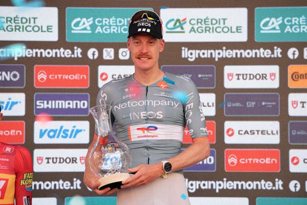 France s Dorian Godon of Netcompany INEOS winner of the race on the podium after the 110th edition of the Gran Piemonte 2026 a 185 km one day race from Asti to Bra on October 08, 2026, Italy.  Copyright: xMarcoxAlpozzi LaPressex