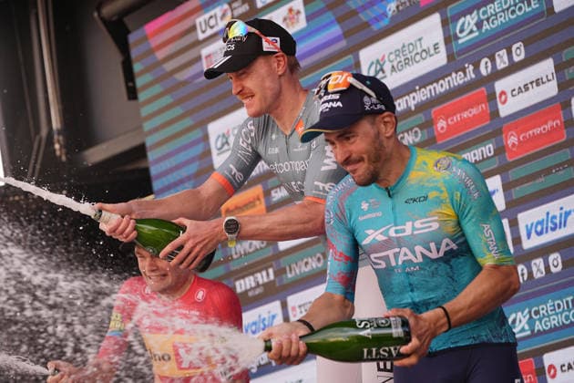 On the podium from left second place Denmark s Anthon Charmig of Uno-X Mobility,centrum France s Dorian Godon of Netcompany INEOS winner of the race, on the right third place Italy s Alberto Bettiol of XDS Astana Team after the 110th edition of the Gran Piemonte 2026 a 185 km one day race from Asti to Bra on October 08, 2026, Italy.  Copyright: xMarcoxAlpozzi LaPressex