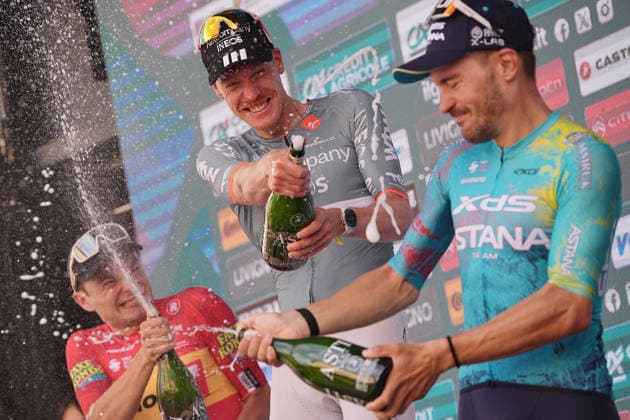 On the podium from left second place Denmark s Anthon Charmig of Uno-X Mobility,centrum France s Dorian Godon of Netcompany INEOS winner of the race, on the right third place Italy s Alberto Bettiol of XDS Astana Team after the 110th edition of the Gran Piemonte 2026 a 185 km one day race from Asti to Bra on October 08, 2026, Italy.  Copyright: xMarcoxAlpozzi LaPressex