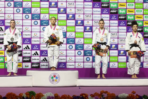AZERBAIJAN, BAKU - OCTOBER 8, 2026: 2nd placed Giovanna Scoccimarro of Germany, 1st placed Ai Tsunoda Roustant of Spain, 3rd placed Michaela Polleres of Austria and Madina Taimazova (L-R) of Russia pose during an award ceremony for the women s -70 kg category during the 2026 World Judo Championships at the National Gymnastics Arena. Mikhail Sinitsyn TASS  98956125