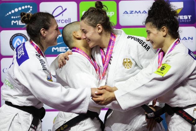 AZERBAIJAN, BAKU - OCTOBER 8, 2026: 2nd placed Giovanna Scoccimarro of Germany, 1st placed Ai Tsunoda Roustant of Spain, 3rd placed Michaela Polleres of Austria and Madina Taimazova (L-R) of Russia are pictured during an award ceremony for the women s -70 kg category during the 2026 World Judo Championships at the National Gymnastics Arena 2026 World Judo Championships In Baku  - ZUMAt113 20261008_zaa_t113_526 Copyright: xMikhailxSinitsynx