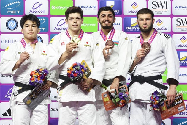 AZERBAIJAN, BAKU - OCTOBER 8, 2026: 2nd placed Goki Tajima of Japan, 1st placed Sanshiro Murao of Japan, 3rd placed Murad Fatiyev of Azerbaijan and Boris Rutovic (L-R) of Serbia pose during an award ceremony for the men s -90 kg category as part of the 2026 World Judo Championships at the National Gymnastics Arena 2026 World Judo Championships In Baku  - ZUMAt113 20261008_zaa_t113_548 Copyright: xMikhailxSinitsynx