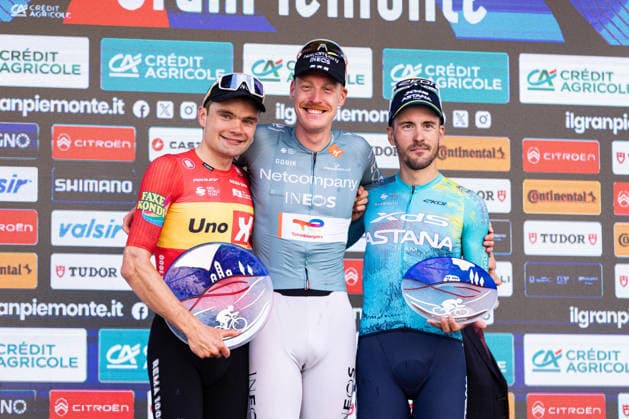 110th Gran Piemonte - Finish The podium of the 110th Gran Piemonte, a 181km stage from Asti to Bra, in Italy, on October 8, 2026; from left Anthon Charmig of Uno-X Mobility, Dorian Godon of Netcompany Ineos and Alberto Bettiol of XDS Astana Team Bra Italy  Copyright: xTommasoxBerardix originalFilename:berardi-110thgra261008_npvyv.jpg