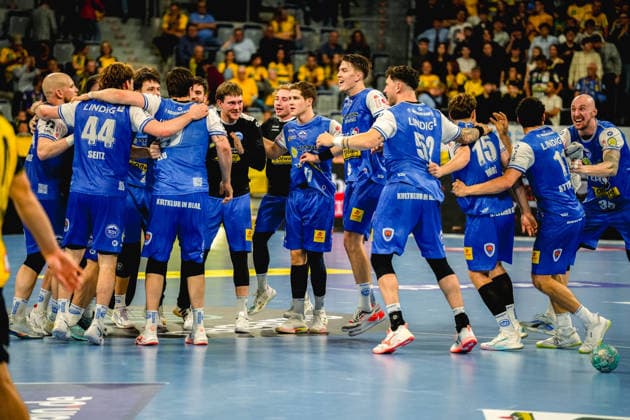 08.10.2026, xwppx, Handball Opel HBL, Rhein-Neckar Loewen - ThSV Eisenach v.l. Jubel des ThSV Eisenach nach dem Sieg