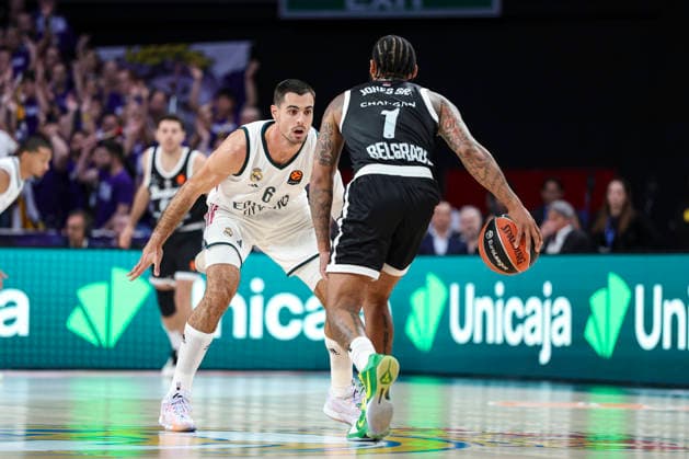 October 8, 2026, Madrid, Madrid, Spain: Alberto Abalde of Real Madrid and Carlik Jones of Partizan Mozzart Bet Belgrade in action during the Euroleague Basketball Regular Season Round 4 game between Real Madrid v Partizan Mozzart Bet Belgrade at Movistar Arena on October 08, 2026 in Madrid, Spain. Real Madrid V Partizan Mozzart Bet Belgrade - Euroleague 2025 2026 - ZUMAa181 20261008_zaa_a181_218 Copyright: xIrinaxR.xHipolitox