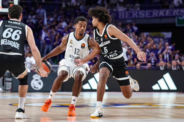 October 8, 2026, Madrid, Madrid, Spain: Theo Maledon of Real Madrid and Ethan Thompson of Partizan Mozzart Bet Belgrade in action during the Euroleague Basketball Regular Season Round 4 game between Real Madrid v Partizan Mozzart Bet Belgrade at Movistar Arena on October 08, 2026 in Madrid, Spain. Real Madrid V Partizan Mozzart Bet Belgrade - Euroleague 2025 2026  - ZUMAa181 20261008_zaa_a181_224 Copyright: xIrinaxR.xHipolitox