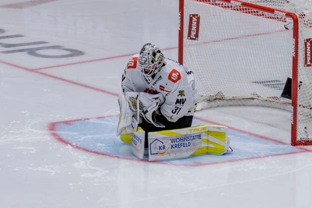 PEnny DEL: Löwen Frankfurt - Krefeld Pinguine, 08.10.2026 Felix Bick (Krefeld Pinguine 31) hält den Puck fest, Freisteller, Portrait Porträt, Löwen Frankfurt - Krefeld Pinguine, Frankfurt, NIX Eissporthalle, 8.10.2026 Copyright: xBEAUTIFULxSPORTS Gawlikx