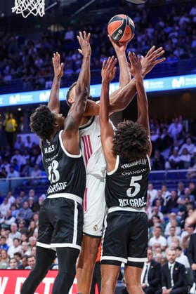 October 8, 2026, Madrid, Madrid, Spain: Kevarrius Hayes of Partizan Mozzart Bet Belgrade, Walter Samuel Tavares da Veiga of Real Madrid and Ethan Thompson of Partizan Mozzart Bet Belgrade in action during the Euroleague Basketball Regular Season Round 4 game between Real Madrid v Partizan Mozzart Bet Belgrade at Movistar Arena on October 08, 2026 in Madrid, Spain. Madrid Spain - ZUMAa181 20261008_zaa_a181_237 Copyright: xIrinaxR.xHipolitox