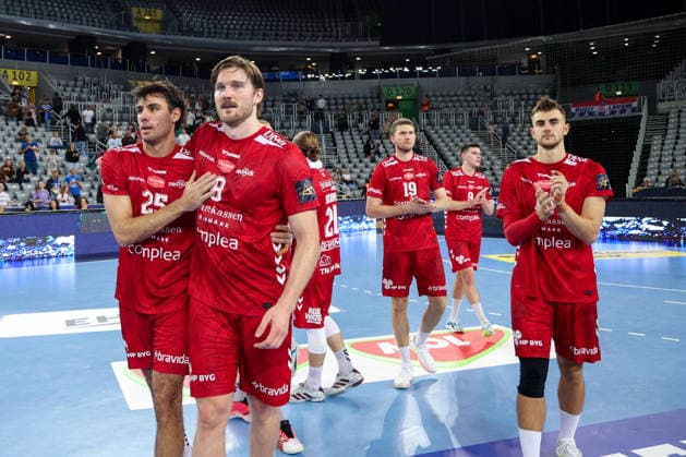 HC Zagreb v Aalborg Handbold - EHF Champions League Men Group Phase - Group C ZAGREB, CROATIA - OCTOBER 8: Marinus Munk, Vetle Ronningen, Magnus Landin and Mads Hoxer of Aalborg Handbold celebrate after a win during the EHF Champions League match between HC Zagreb and Aalborg Handbold at Arena Zagreb on October 8, 2026 in Zagreb, Croatia.  IgorxKralj PIXSELL