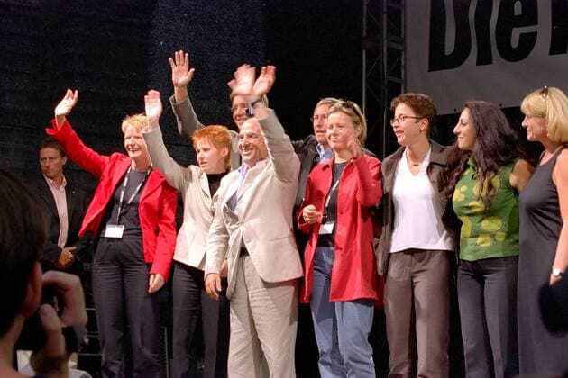 PDS-Politiker - V.l.n.r.: Gabi Zimmer, Petra Pau, Gregor Gysi, Gesine Lötzsch, Sandra Brunner, Evrim Baba und Bärbel Grygier - Wahlkampfveranstaltung auf dem Berliner Alexanderplatz