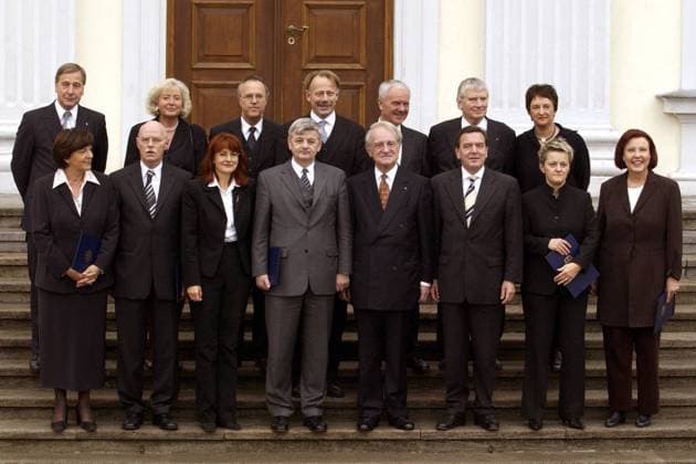 Bundesregierung: Vorn v.li.n.re.: Ulla Schmidt (SPD), Peter Struck (SPD), Edelgard Bulmahn (SPD), Joschka Fischer (Bündnis 90 Die Grünen), Johannes Rau (SPD), Gerhard Schröder (SPD), Renate Künast (Bündnis 90 Die Grünen), Heidemarie Wieczorek-Zeul (SPD); Hinten v.li.n.re.: Wolfgang Clement (SPD), Renate Schmidt (SPD), Hans Eichel (SPD), Jürgen Trittin (Bündnis 90 Die Grünen), Manfred Stolpe (SPD), Otto Schily (SPD), Brigitte Zypries (SPD)